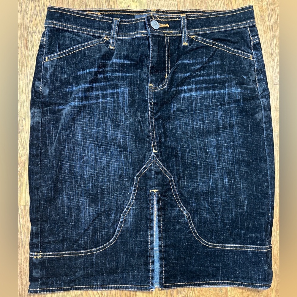 Vintage Y2K Bongo Denim Skirt w/ Velour Overlay Front Slit Jean Skirt Size 9
